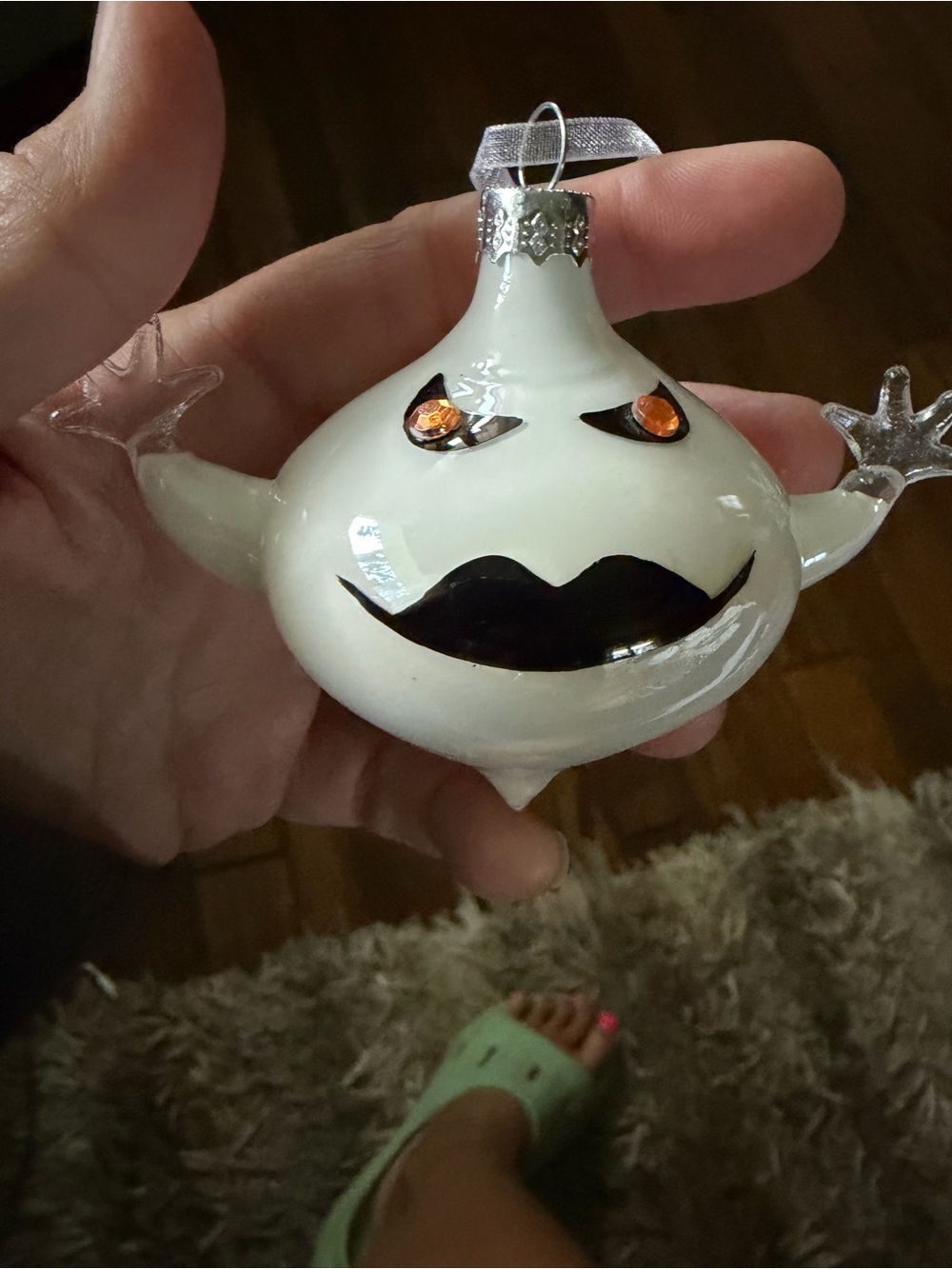 Pier1 White Glass Ghost Holiday Ornament with Black Face